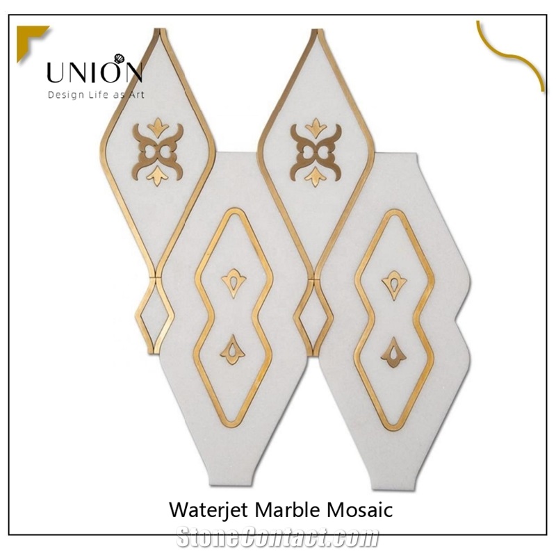 Rhombus Shape Pattern with Golden Metal Marble Mosaic Tiles